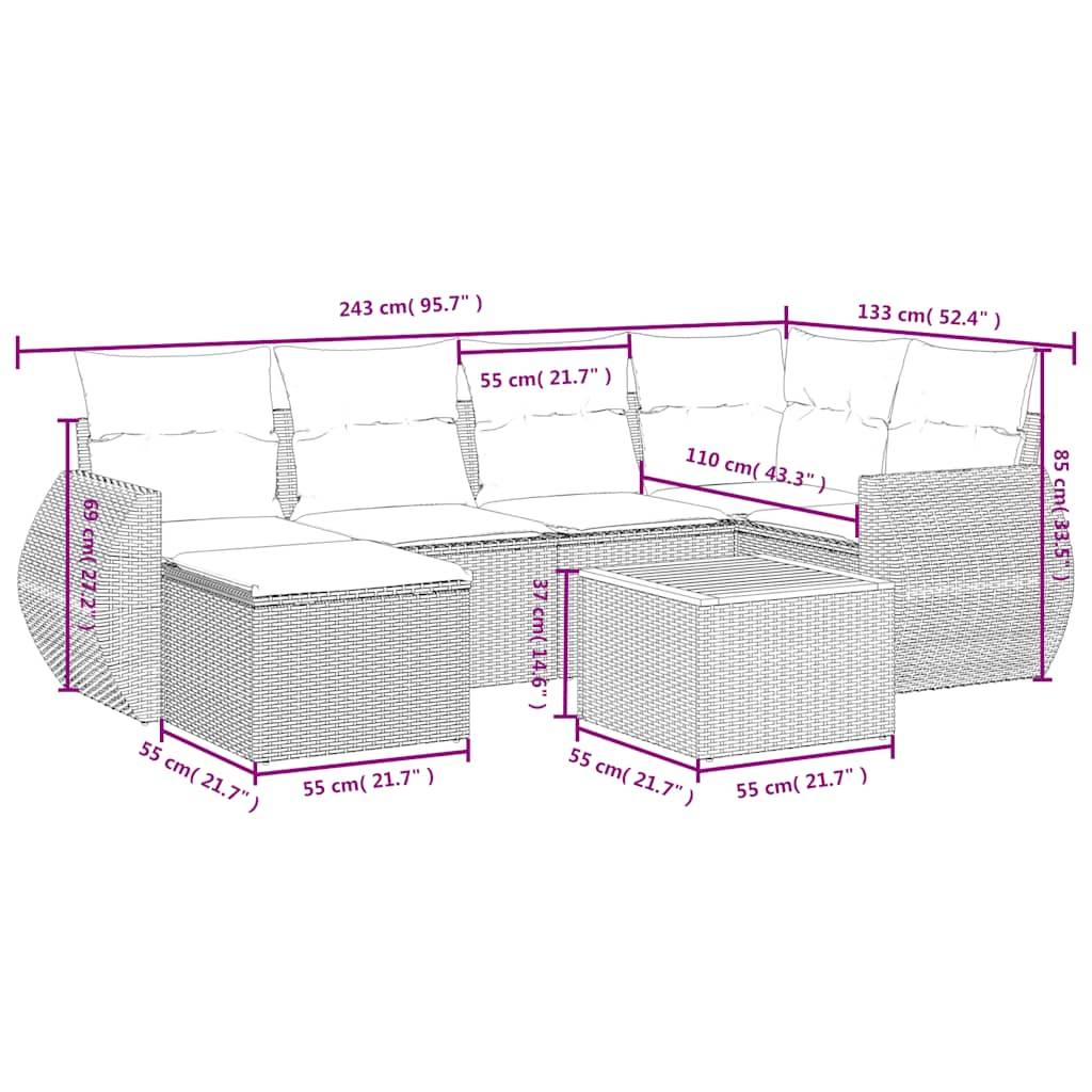 vidaXL 7-teiliges Gartensofa-Set mit Kissen, grau, Polyrattan