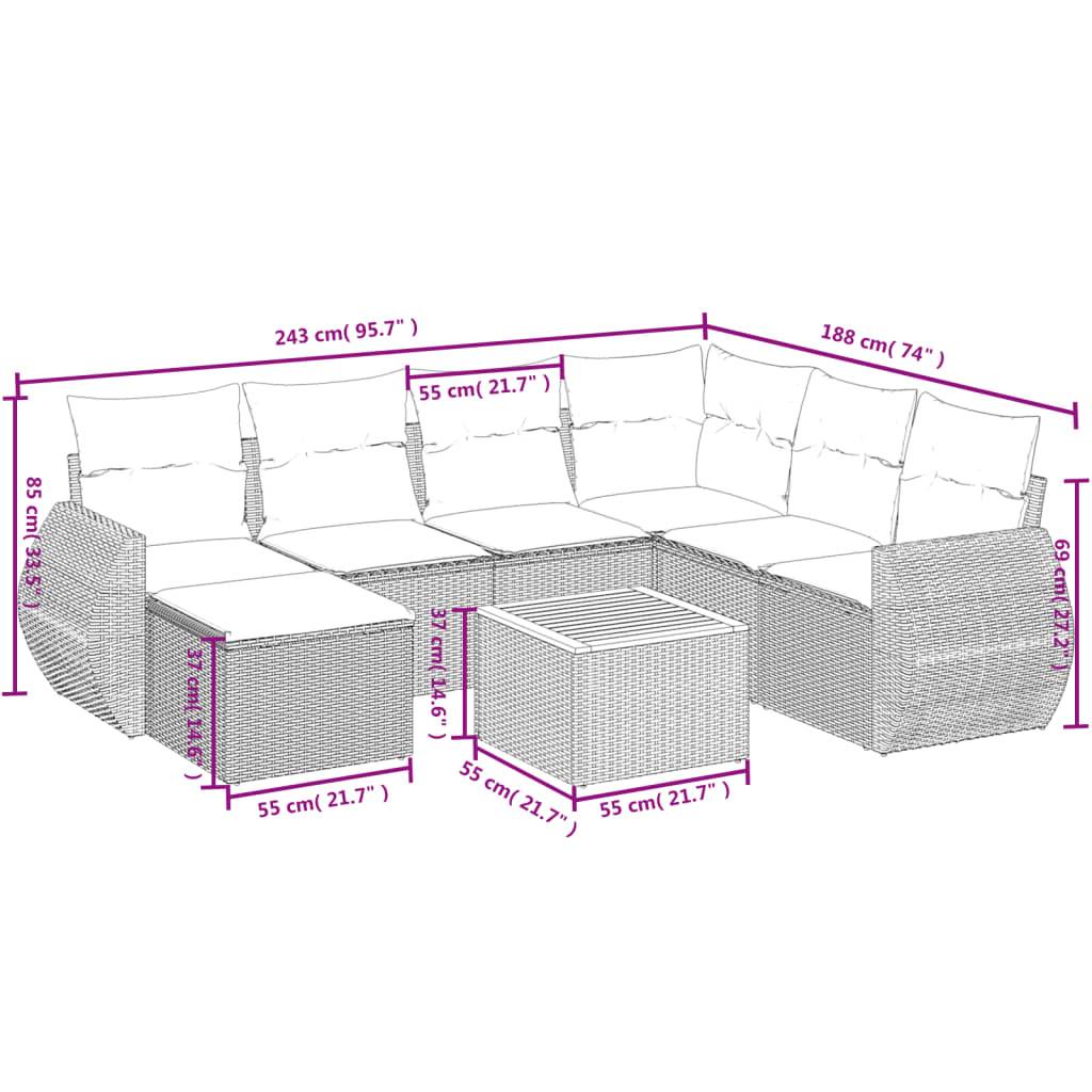 vidaXL 8-teiliges Gartensofa-Set mit Kissen, grau, Polyrattan