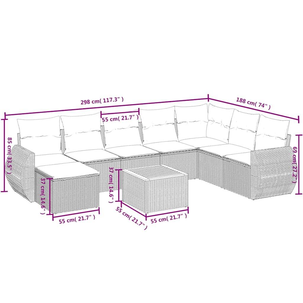 vidaXL 9-teiliges Gartensofa-Set mit Kissen, schwarzes Polyrattan