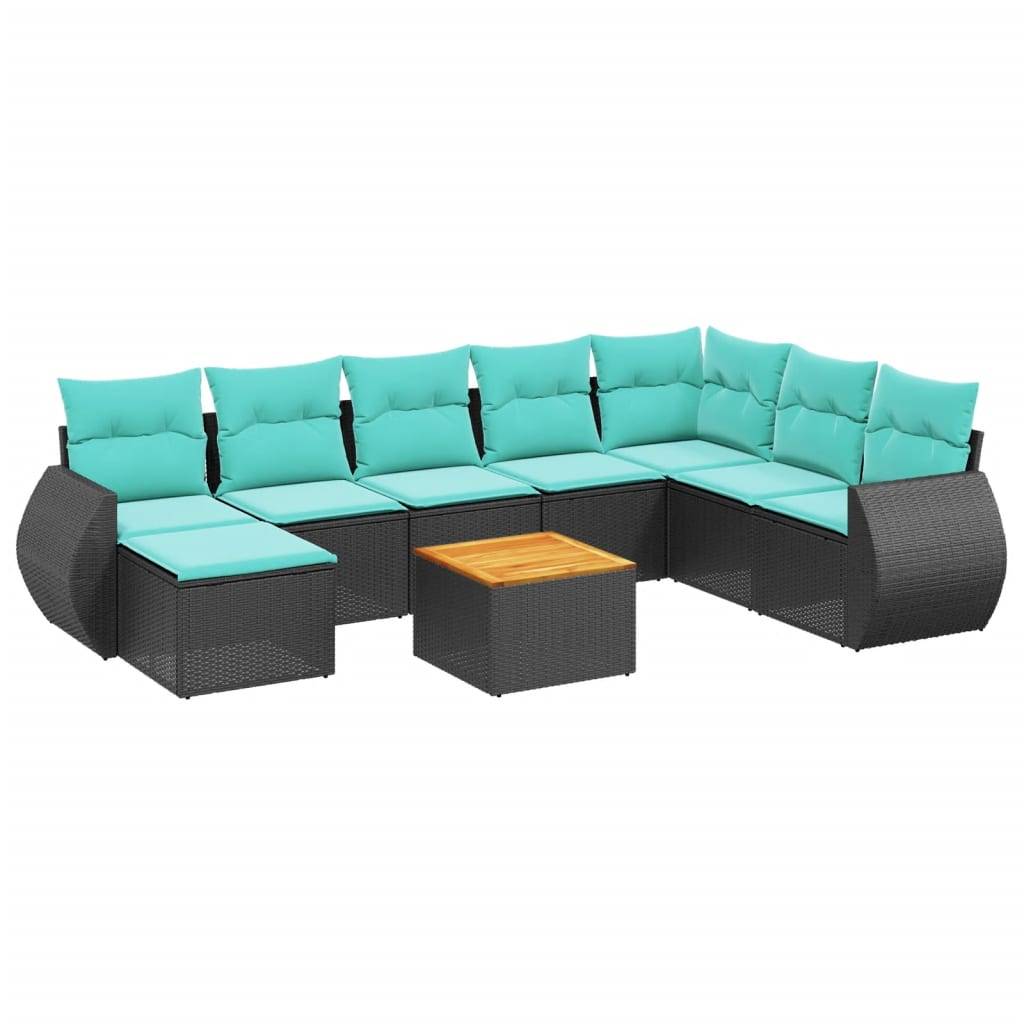 vidaXL 9-teiliges Gartensofa-Set mit Kissen, schwarzes Polyrattan