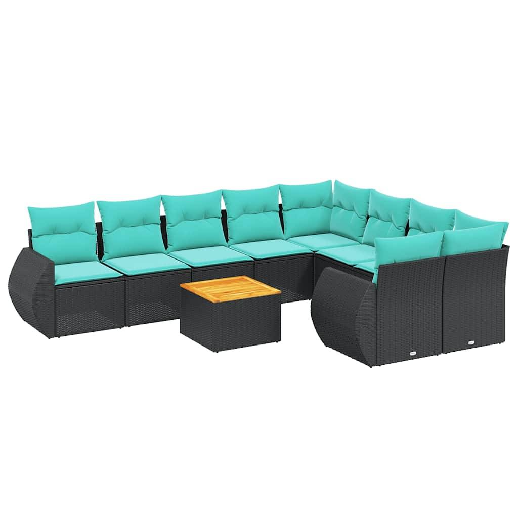 vidaXL 10-teiliges Gartensofa-Set mit Kissen, schwarzes Polyrattan