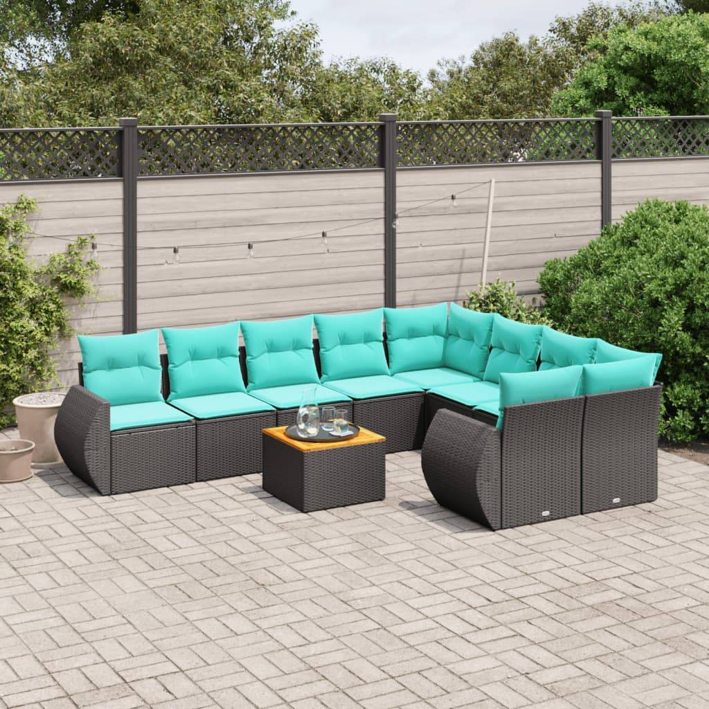 vidaXL 10-teiliges Gartensofa-Set mit Kissen, schwarzes Polyrattan