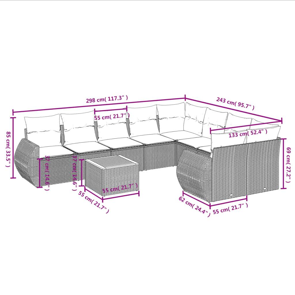 vidaXL 10-teiliges Gartensofa-Set mit Kissen, schwarzes Polyrattan
