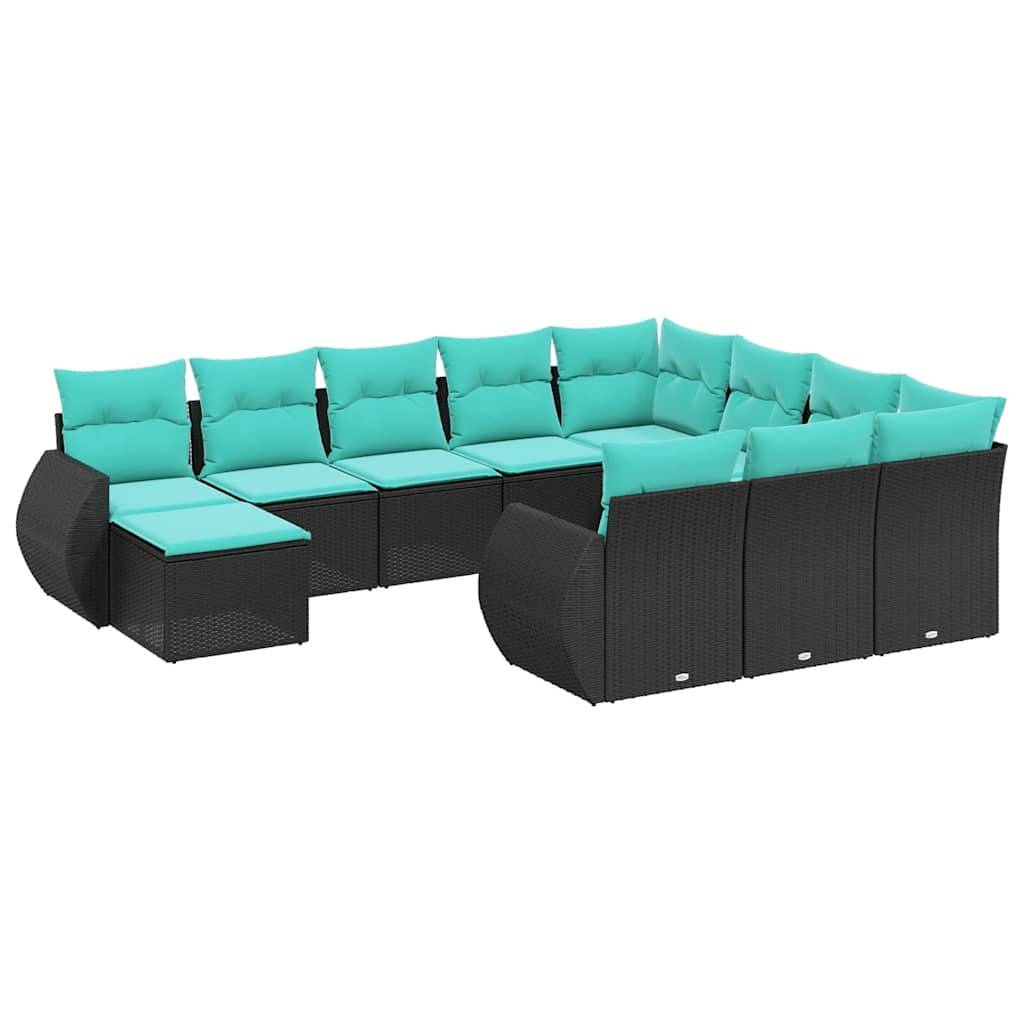vidaXL 11-teiliges Gartensofa-Set mit Kissen, schwarzes Polyrattan