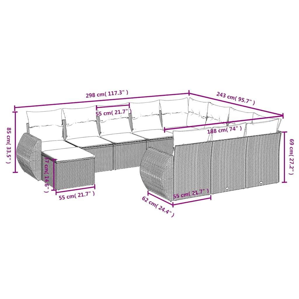 vidaXL 11-teiliges Gartensofa-Set mit Kissen, schwarzes Polyrattan
