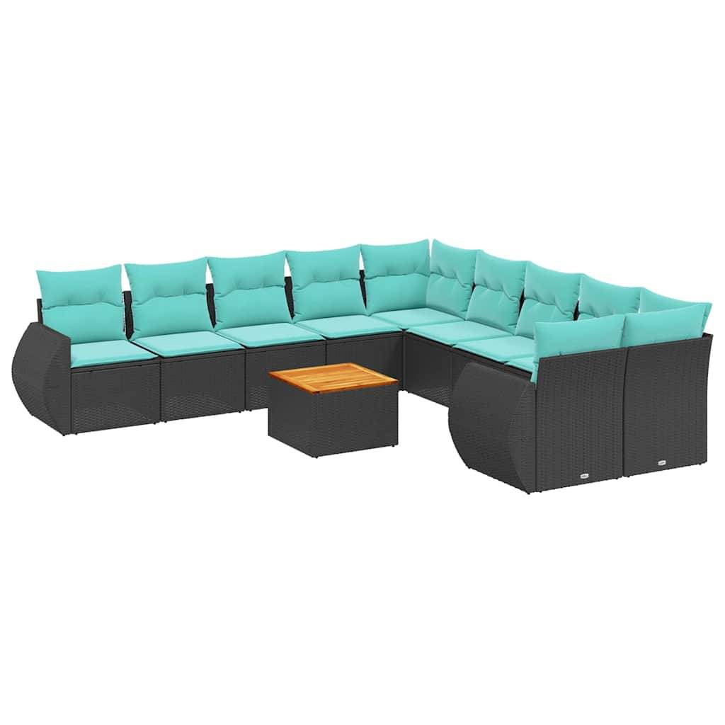 vidaXL 11-teiliges Gartensofa-Set mit Kissen, schwarzes Polyrattan