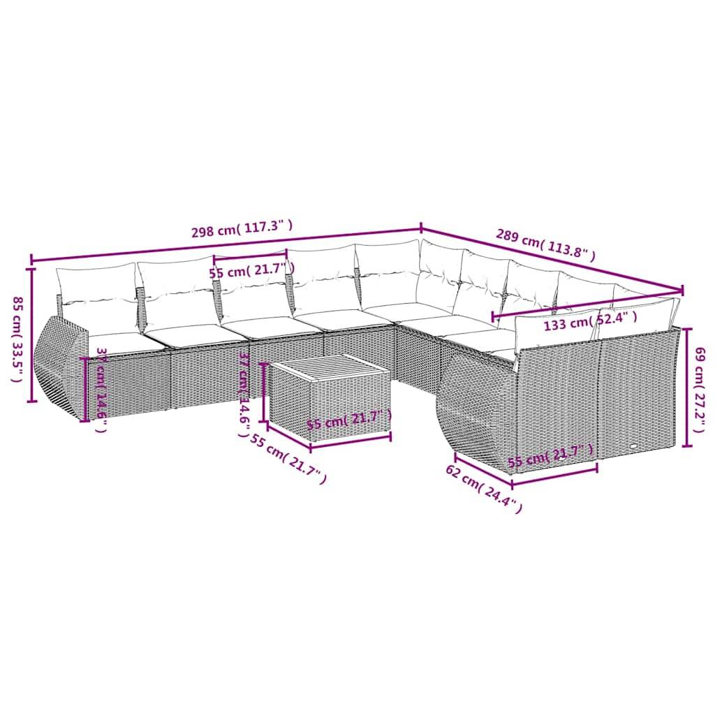 vidaXL 11-teiliges Gartensofa-Set mit Kissen, schwarzes Polyrattan