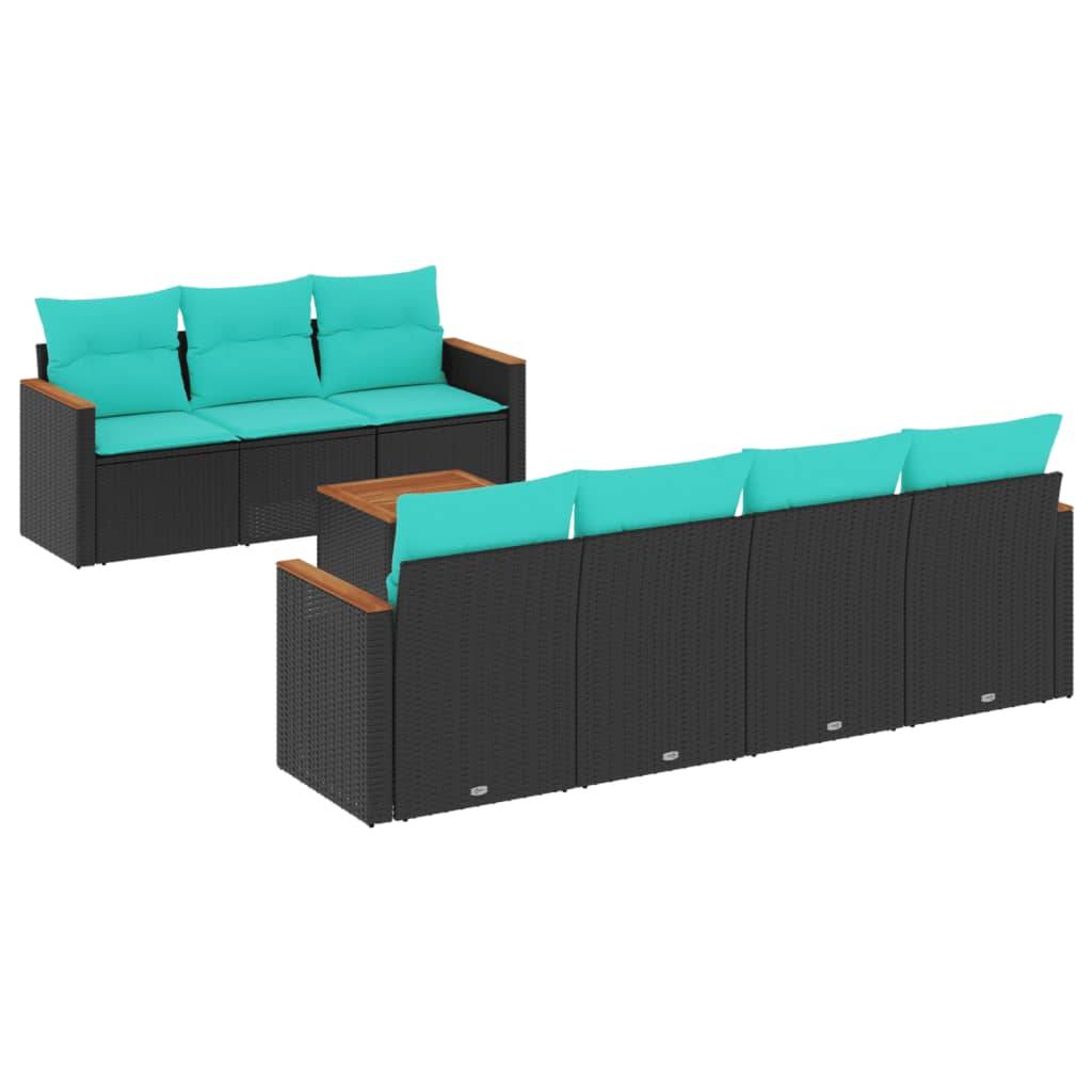vidaXL 8-teiliges Gartensofa-Set mit Kissen, schwarzes Polyrattan