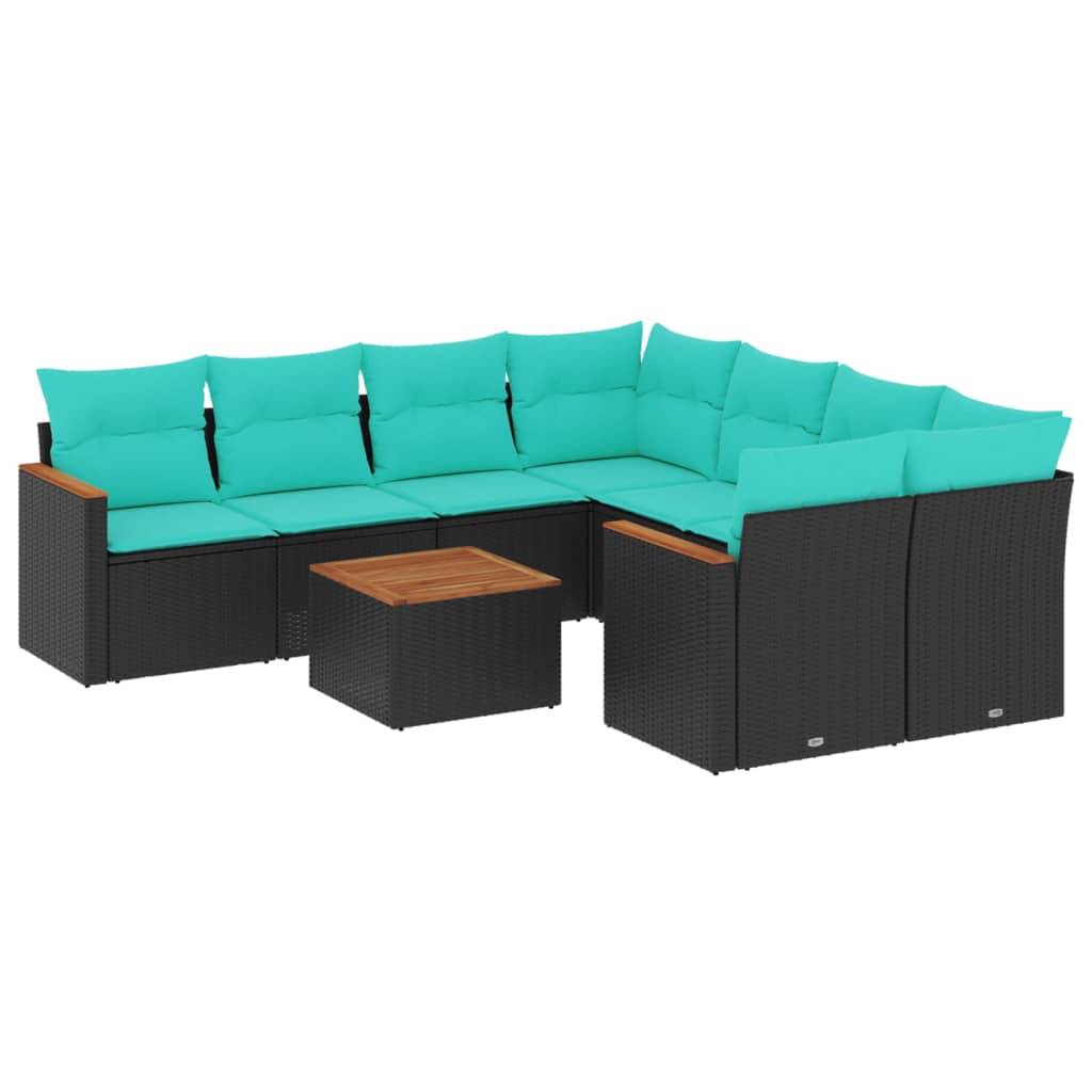 vidaXL 9-teiliges Gartensofa-Set mit Kissen, schwarzes Polyrattan