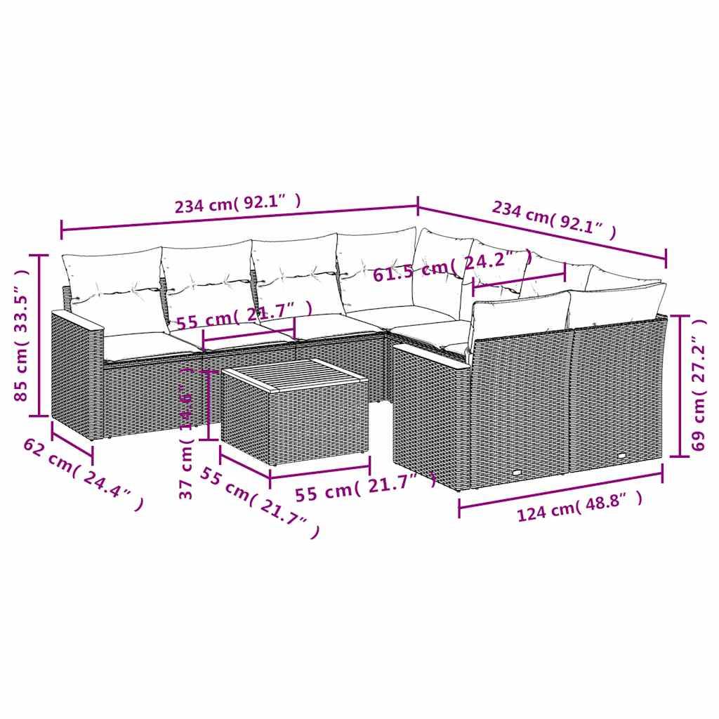 vidaXL 9-teiliges Gartensofa-Set mit Kissen, schwarzes Polyrattan