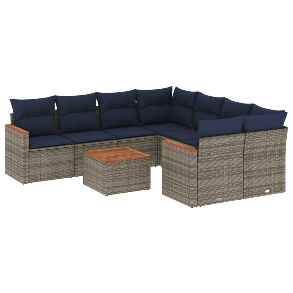 vidaXL 9-teiliges Gartensofa-Set mit Kissen, grau, Polyrattan