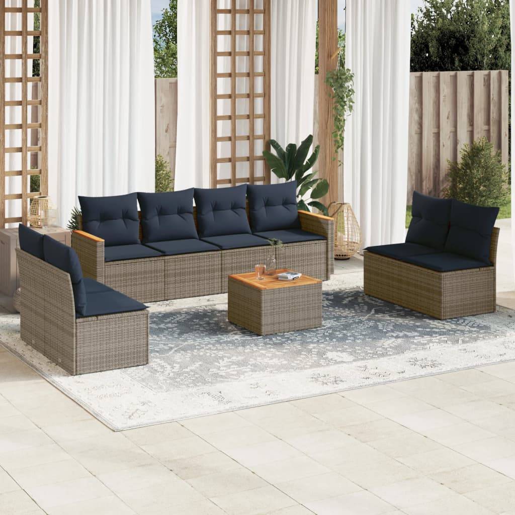 vidaXL 9-teiliges Gartensofa-Set mit Kissen, grau, Polyrattan