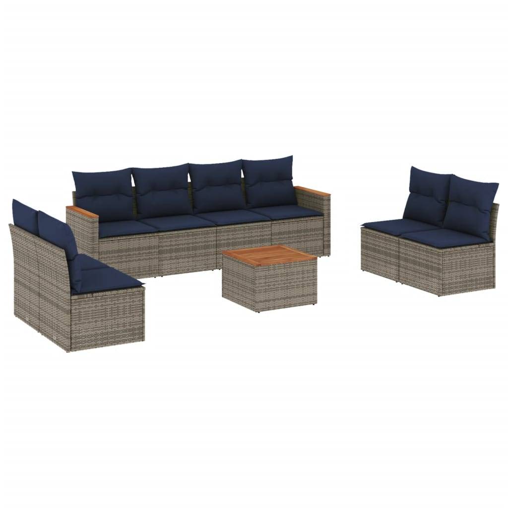 vidaXL 9-teiliges Gartensofa-Set mit Kissen, grau, Polyrattan