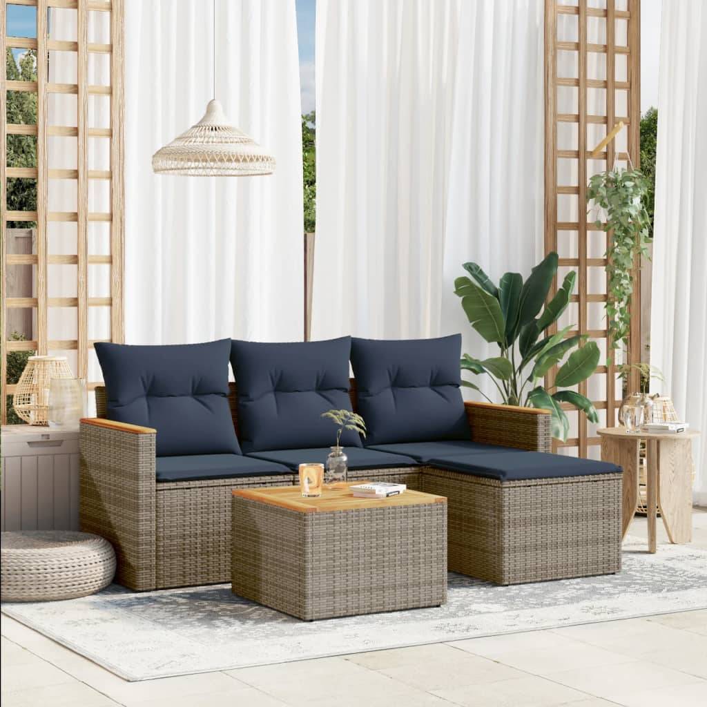 vidaXL 5-teiliges Gartensofa-Set mit Kissen, grau, Polyrattan