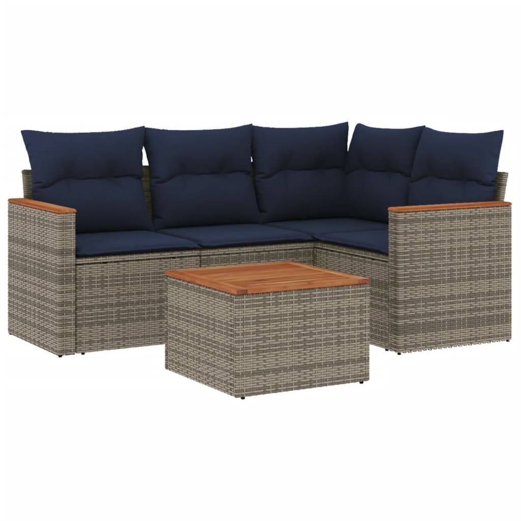 vidaXL 5-teiliges Gartensofa-Set mit Kissen, grau, Polyrattan
