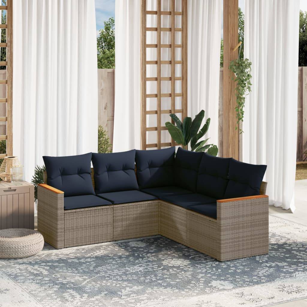 vidaXL 5-teiliges Gartensofa-Set mit Kissen, grau, Polyrattan