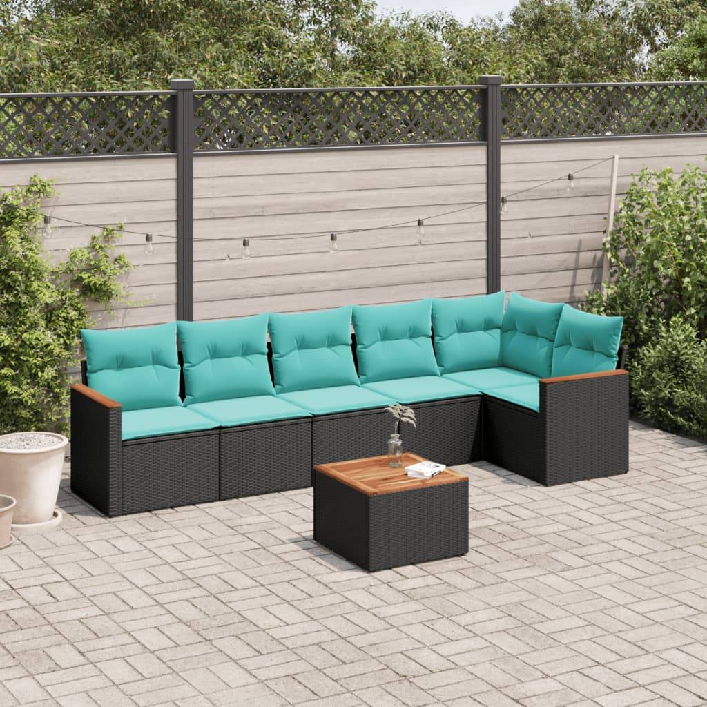 vidaXL 7-teiliges Gartensofa-Set mit Kissen, schwarzes Polyrattan