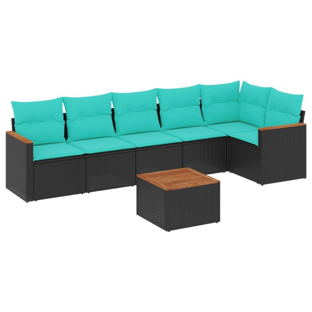 vidaXL 7-teiliges Gartensofa-Set mit Kissen, schwarzes Polyrattan