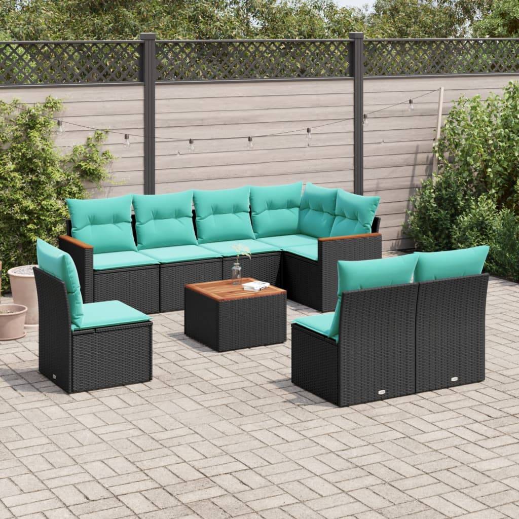 vidaXL 9-teiliges Gartensofa-Set mit Kissen, schwarzes Polyrattan