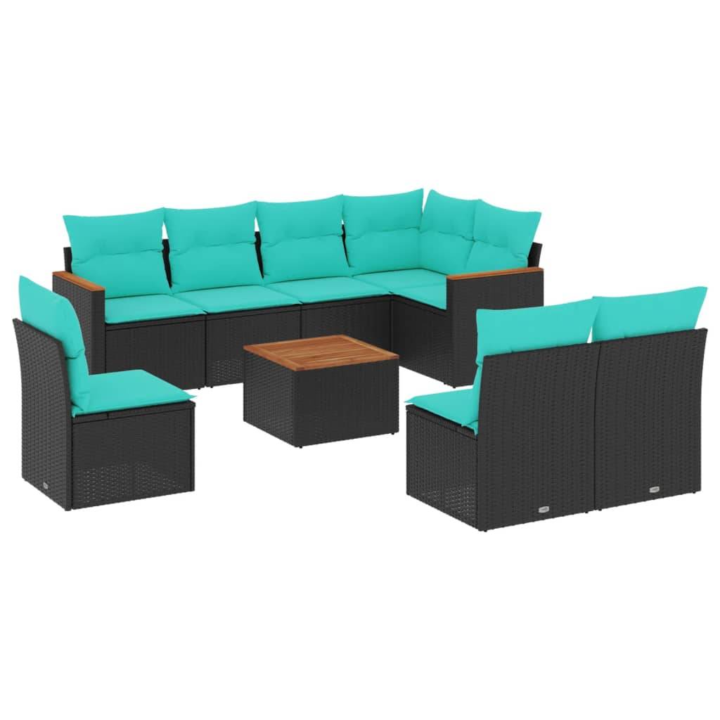 vidaXL 9-teiliges Gartensofa-Set mit Kissen, schwarzes Polyrattan