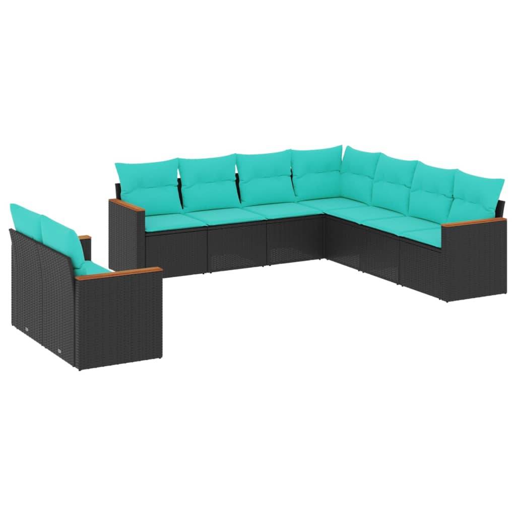 vidaXL 9-teiliges Gartensofa-Set mit Kissen, schwarzes Polyrattan