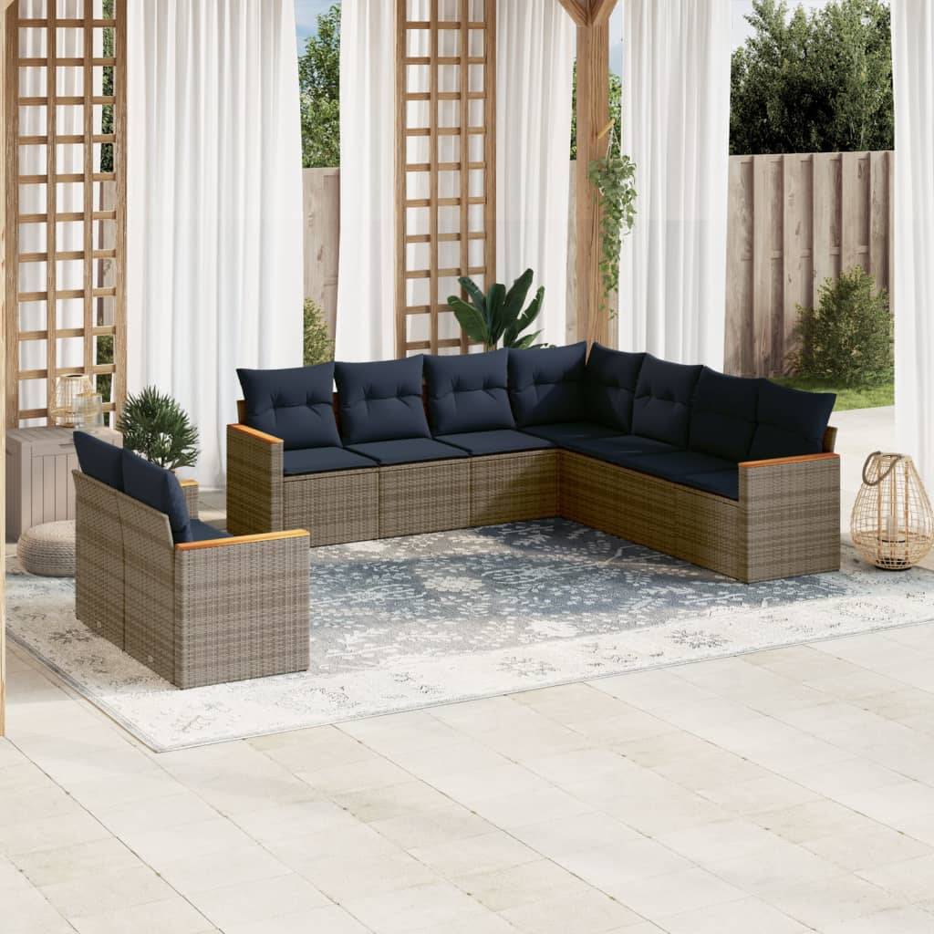 vidaXL 9-teiliges Gartensofa-Set mit Kissen, grau, Polyrattan