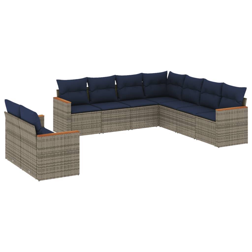 vidaXL 9-teiliges Gartensofa-Set mit Kissen, grau, Polyrattan