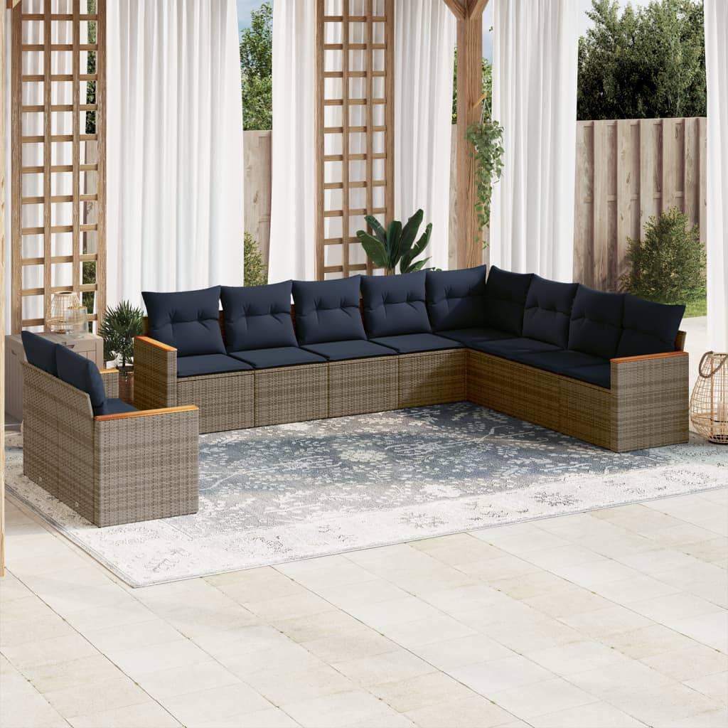 vidaXL 10-teiliges Gartensofa-Set mit Kissen, grau, Polyrattan