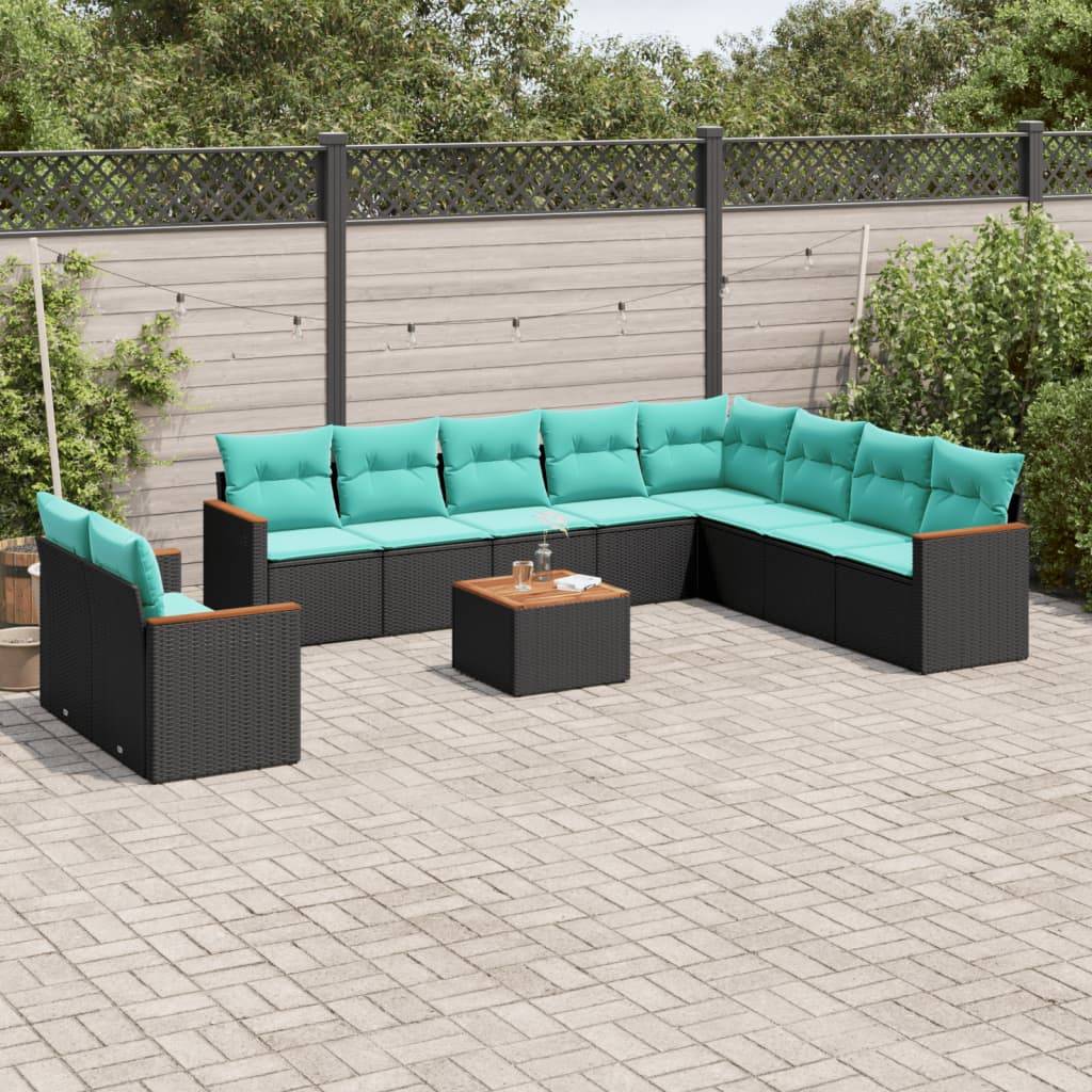 vidaXL 11-teiliges Gartensofa-Set mit Kissen, schwarzes Polyrattan