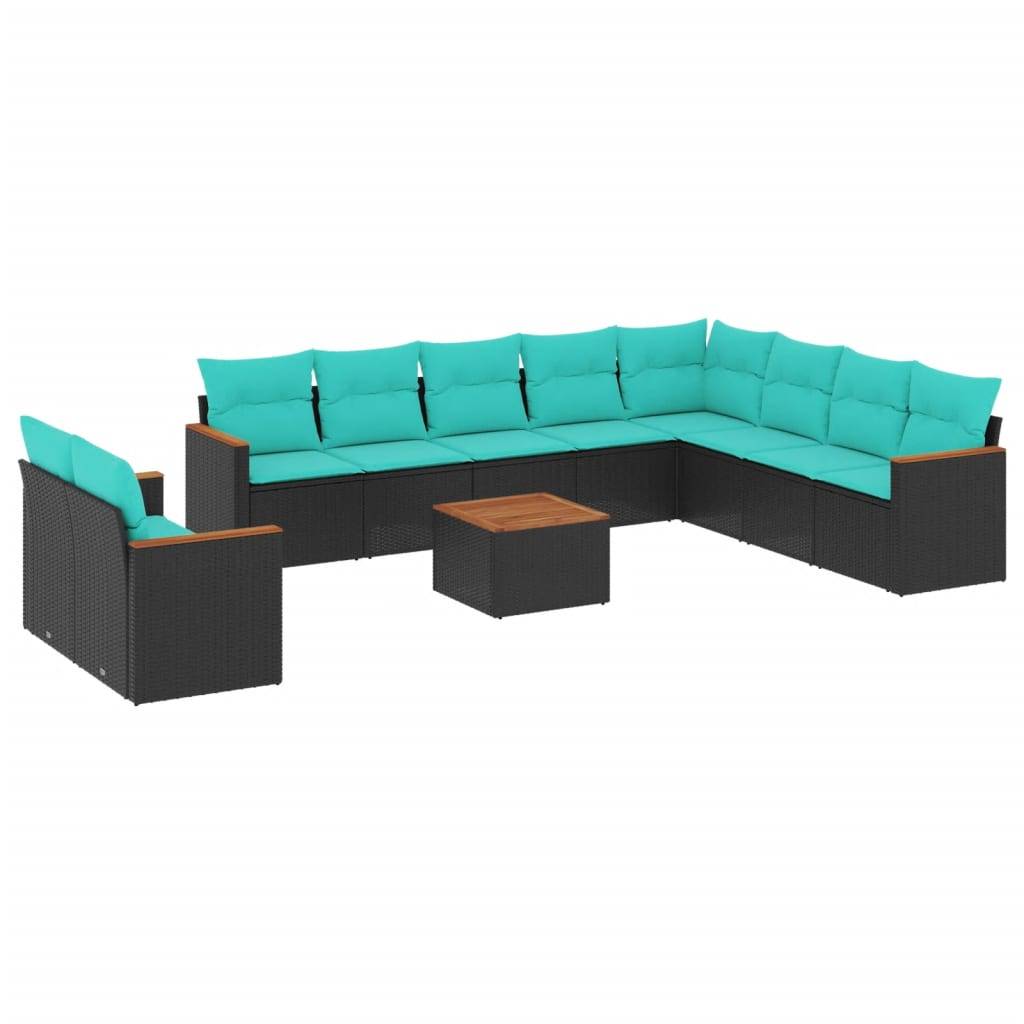 vidaXL 11-teiliges Gartensofa-Set mit Kissen, schwarzes Polyrattan