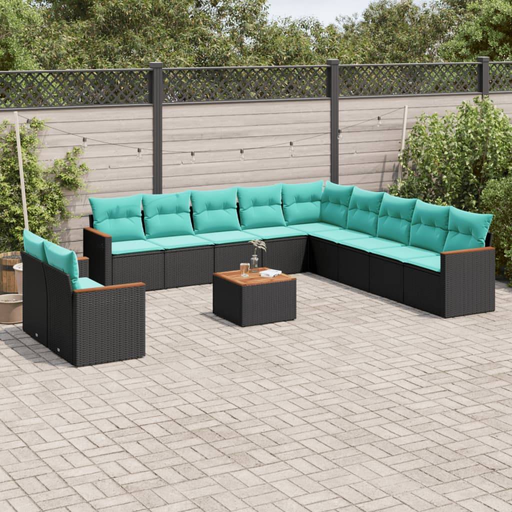 vidaXL 12-teiliges Gartensofa-Set mit Kissen, schwarzes Polyrattan