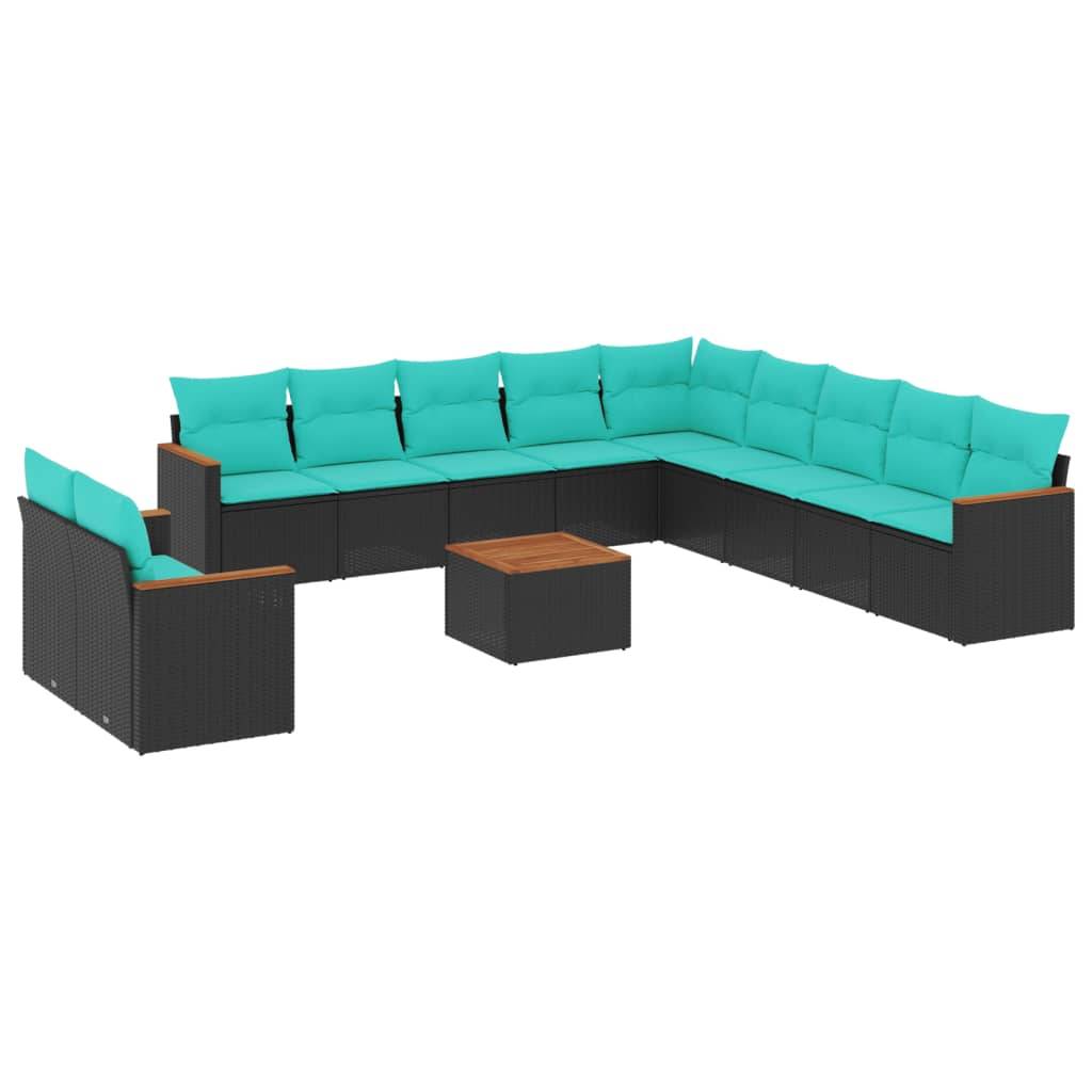 vidaXL 12-teiliges Gartensofa-Set mit Kissen, schwarzes Polyrattan