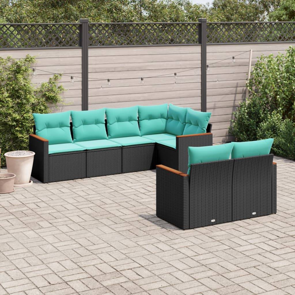 vidaXL 7-teiliges Gartensofa-Set mit Kissen, schwarzes Polyrattan