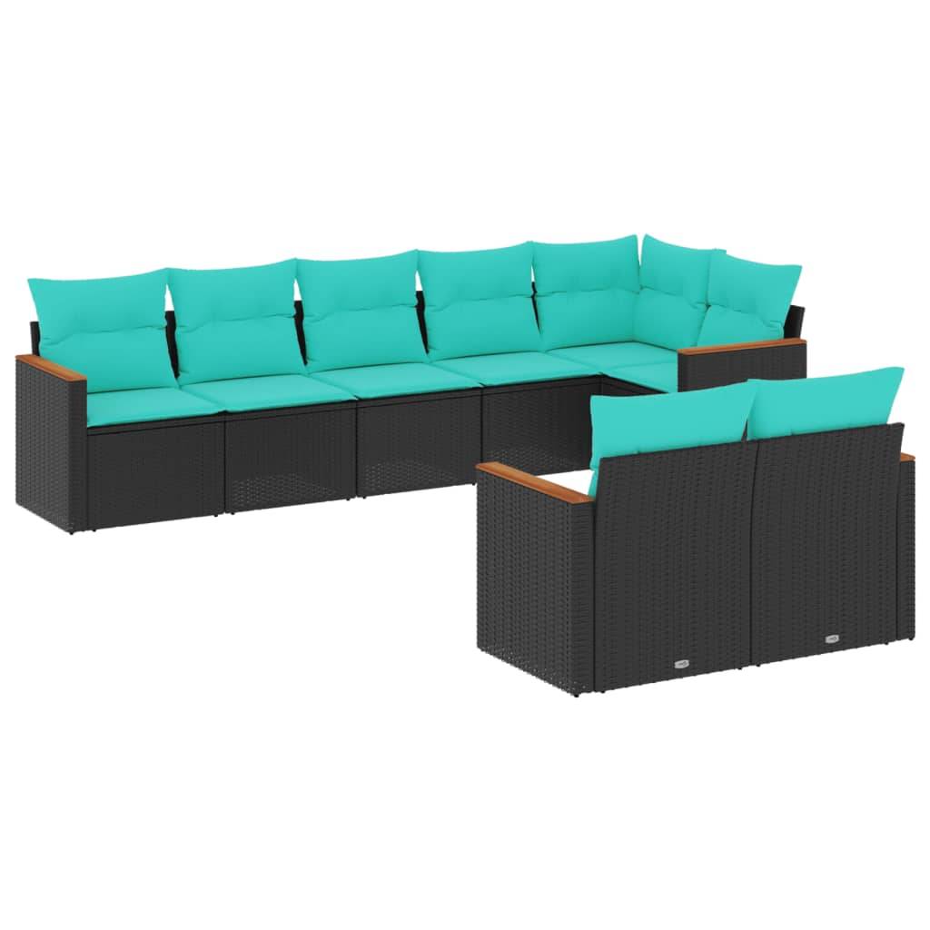 vidaXL 8-teiliges Gartensofa-Set mit Kissen, schwarzes Polyrattan