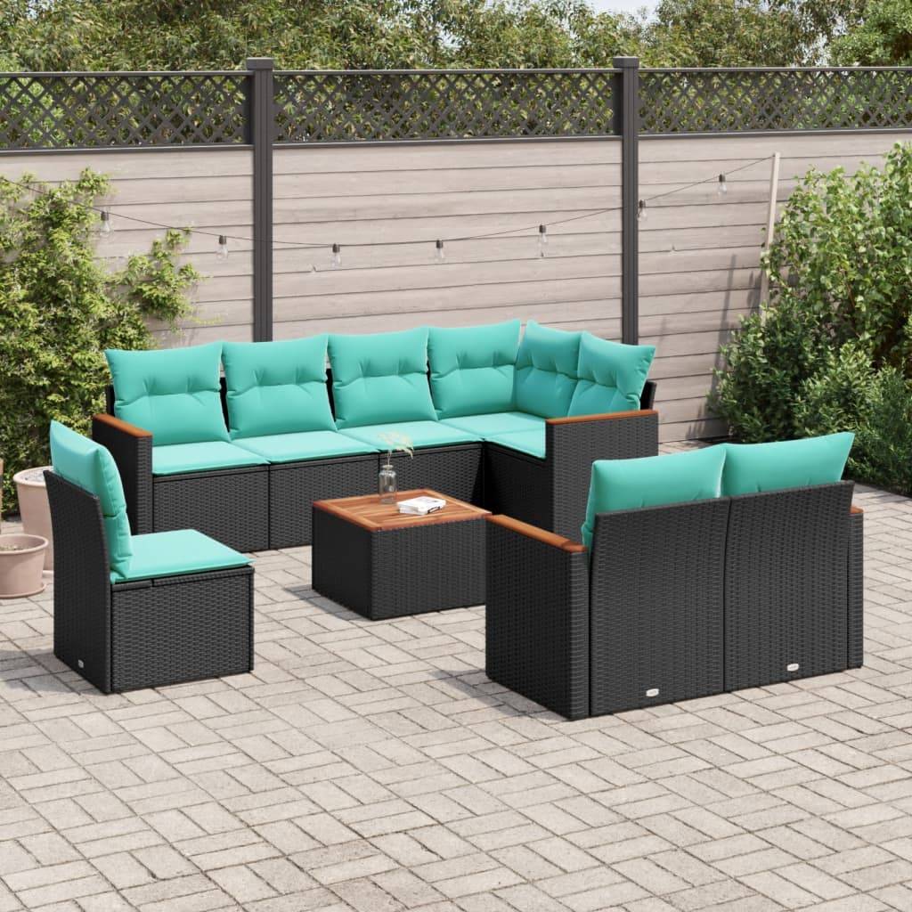 vidaXL 9-teiliges Gartensofa-Set mit Kissen, schwarzes Polyrattan