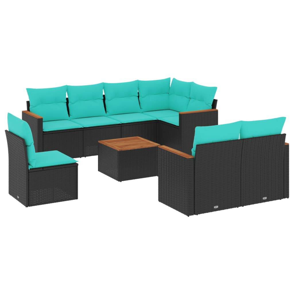 vidaXL 9-teiliges Gartensofa-Set mit Kissen, schwarzes Polyrattan
