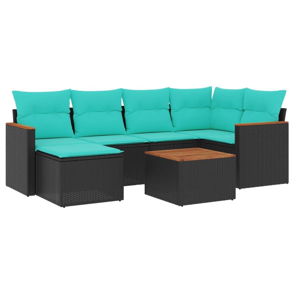 vidaXL 7-teiliges Gartensofa-Set mit Kissen, schwarzes Polyrattan