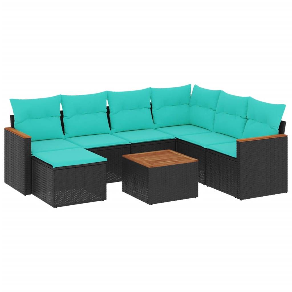 vidaXL 8-teiliges Gartensofa-Set mit Kissen, schwarzes Polyrattan