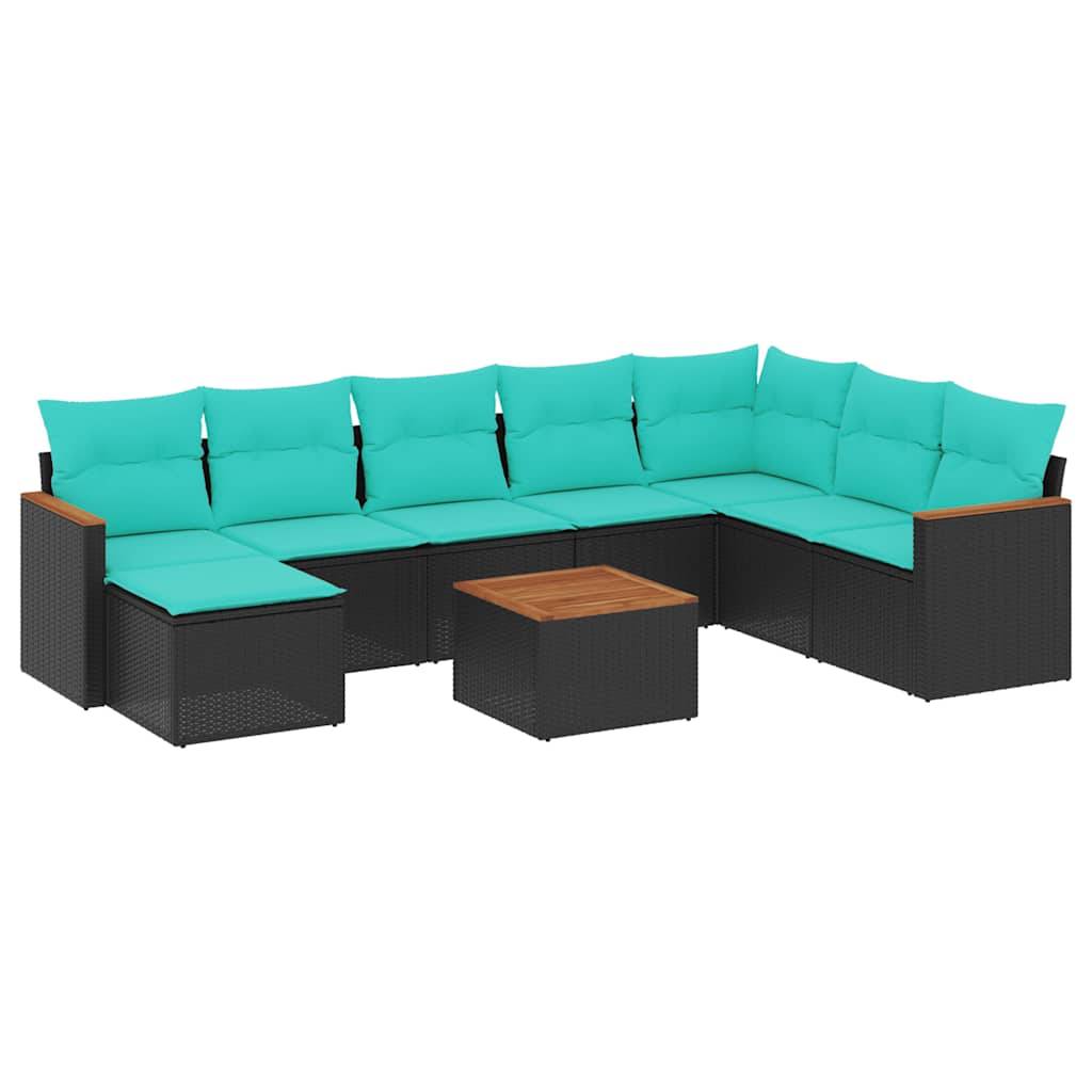 vidaXL 9-teiliges Gartensofa-Set mit Kissen, schwarzes Polyrattan