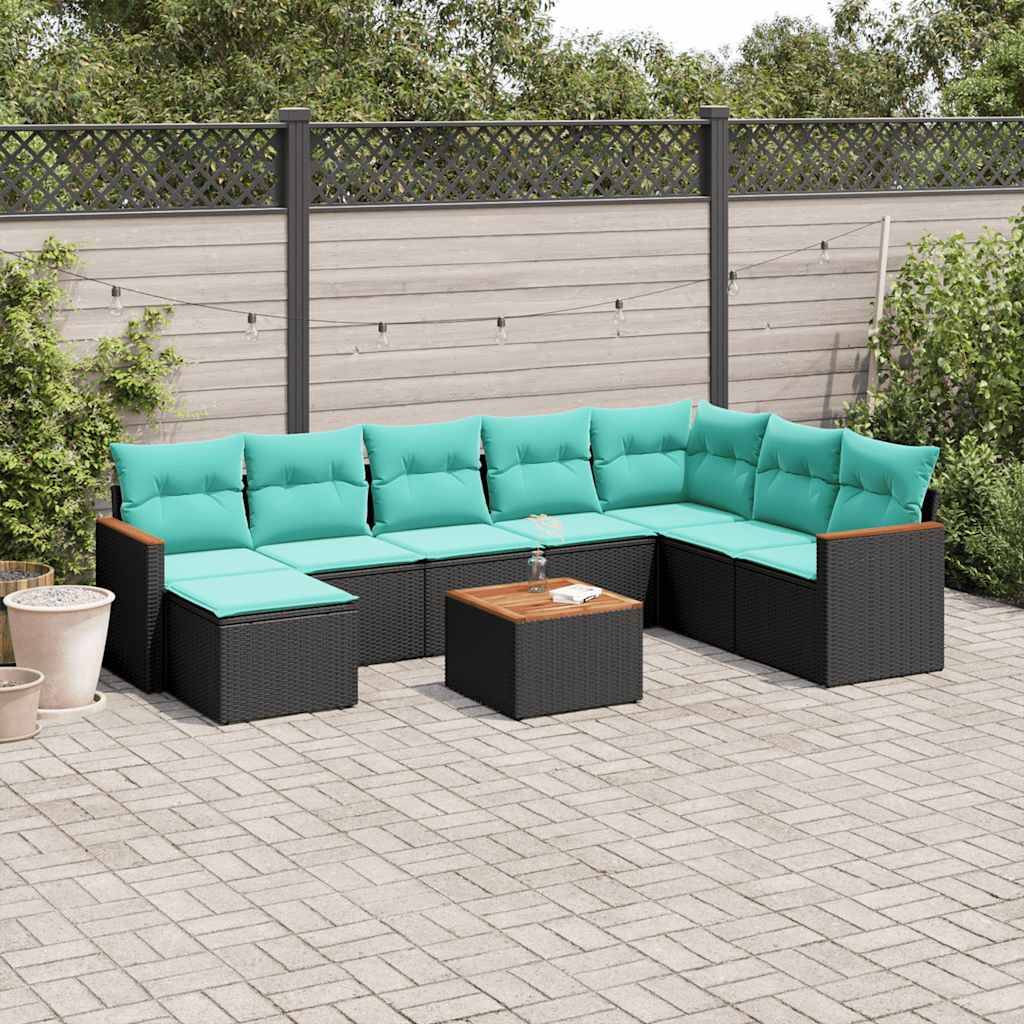 vidaXL 9-teiliges Gartensofa-Set mit Kissen, schwarzes Polyrattan