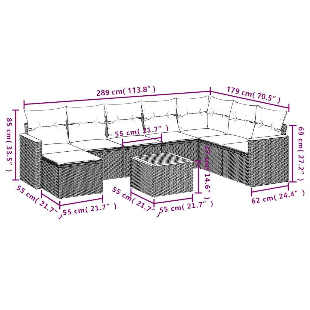 vidaXL 9-teiliges Gartensofa-Set mit Kissen, schwarzes Polyrattan
