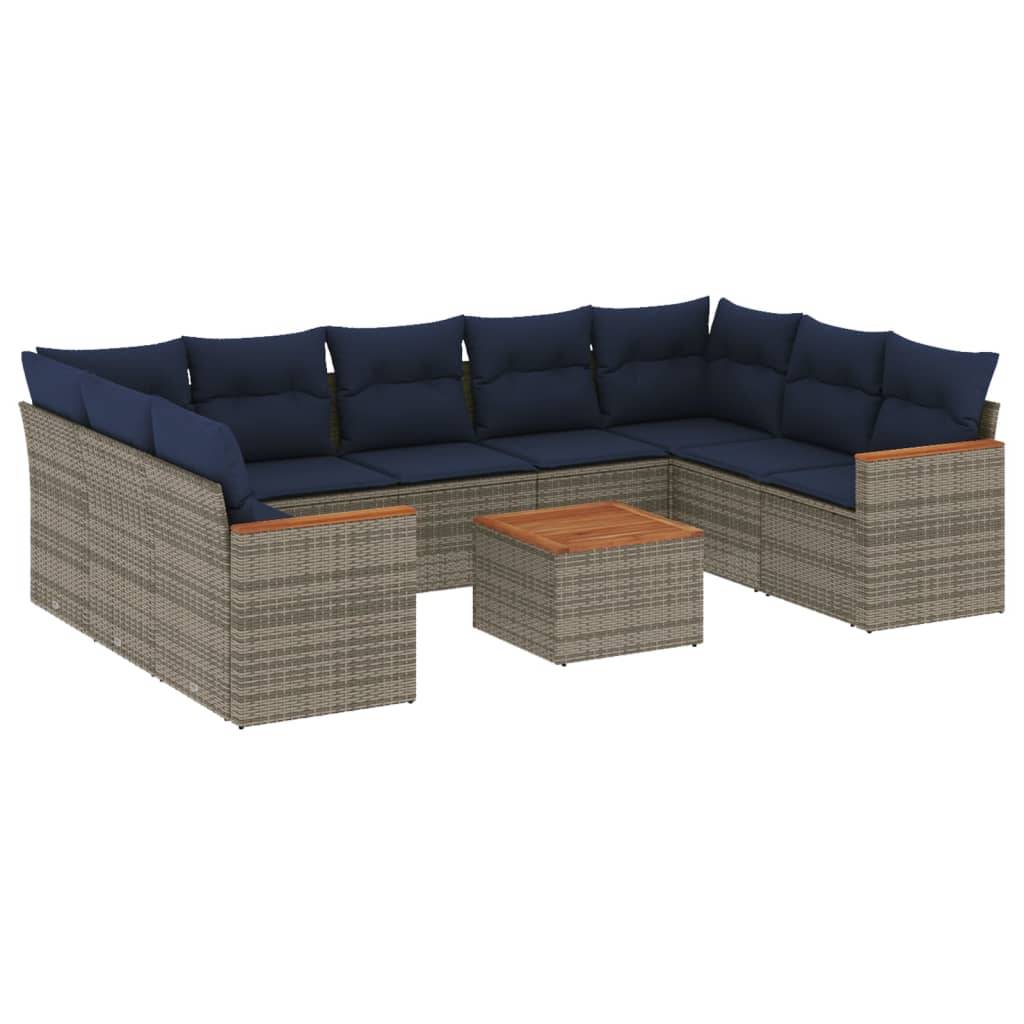 vidaXL 10-teiliges Gartensofa-Set mit Kissen, grau, Polyrattan