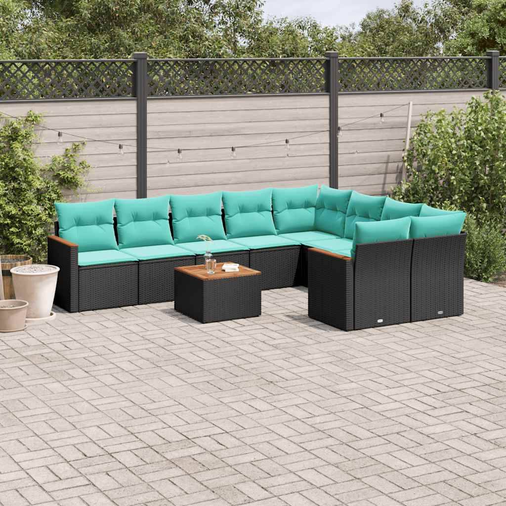 vidaXL 10-teiliges Gartensofa-Set mit Kissen, schwarzes Polyrattan