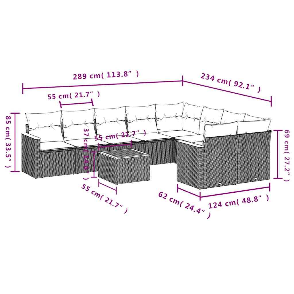 vidaXL 10-teiliges Gartensofa-Set mit Kissen, schwarzes Polyrattan