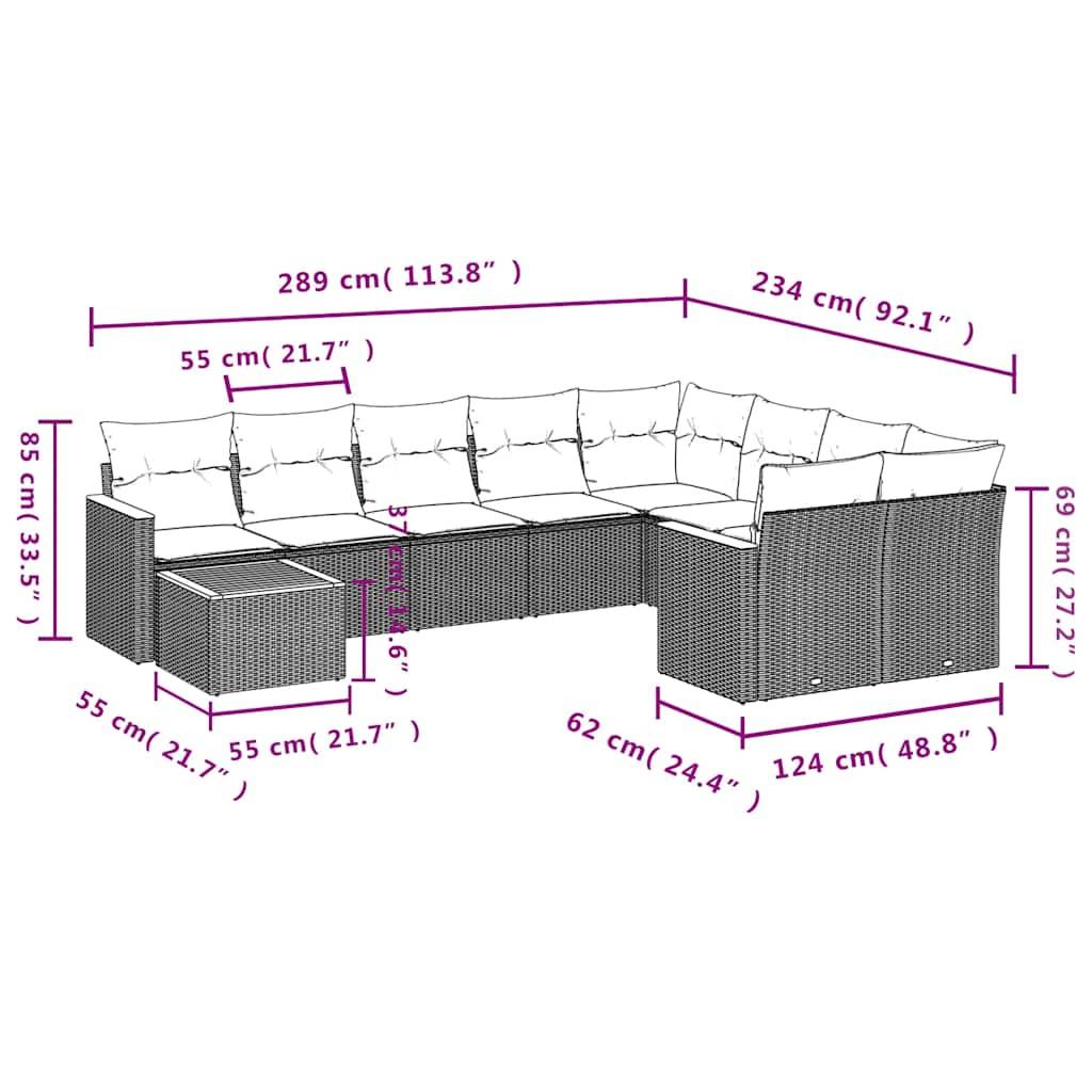 vidaXL 10-teiliges Gartensofa-Set mit Kissen, schwarzes Polyrattan