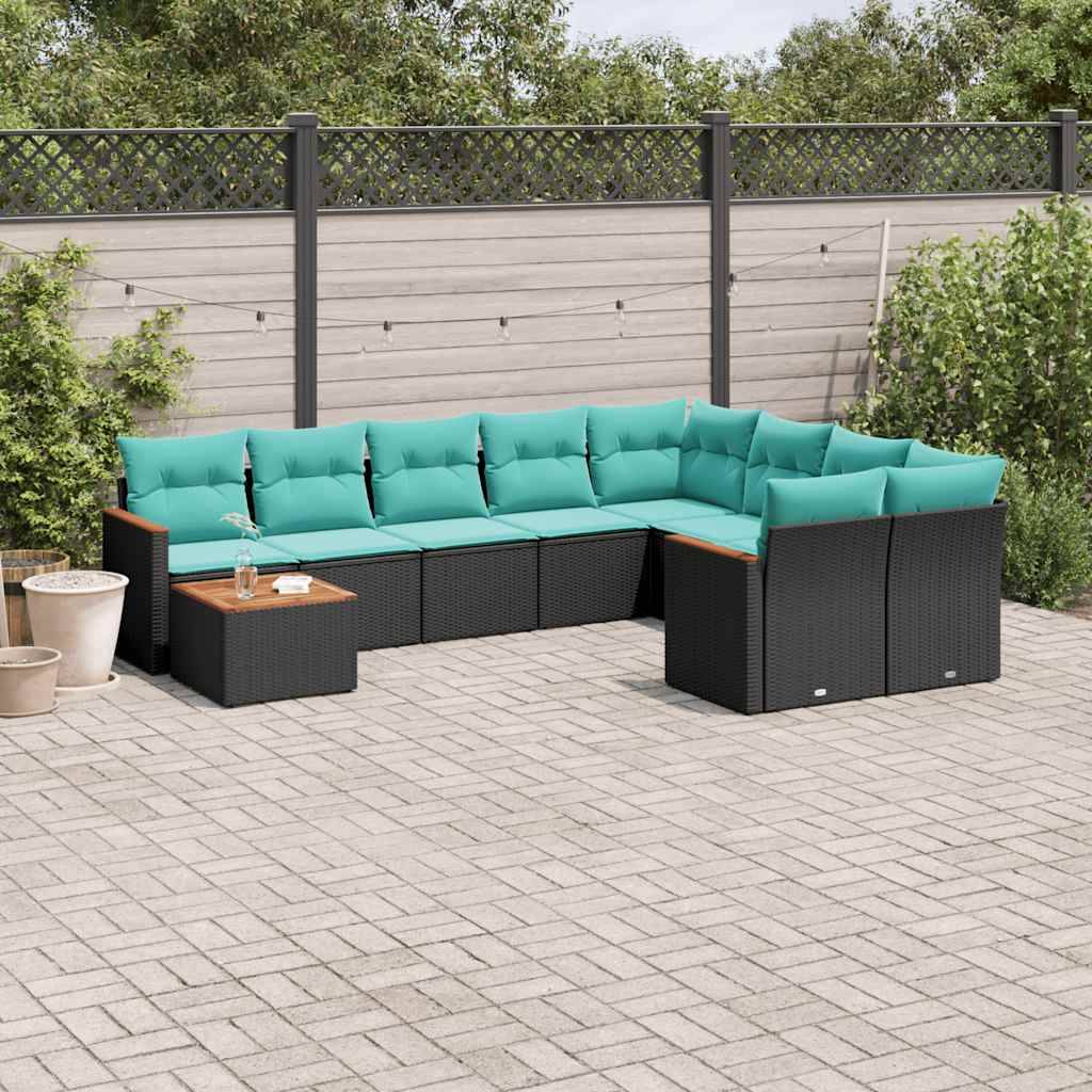 vidaXL 10-teiliges Gartensofa-Set mit Kissen, schwarzes Polyrattan