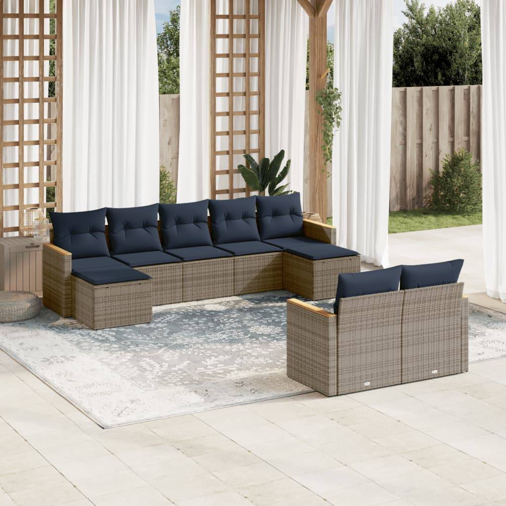 vidaXL 9-teiliges Gartensofa-Set mit Kissen, grau, Polyrattan