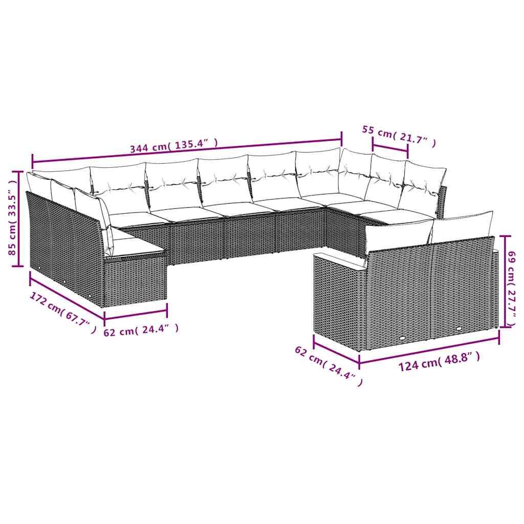 vidaXL 12-teiliges Gartensofa-Set mit Kissen, grau, Polyrattan