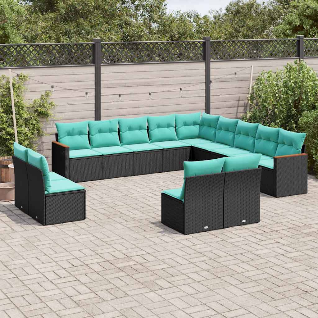 vidaXL 13-teiliges Gartensofa-Set mit Kissen, schwarzes Polyrattan