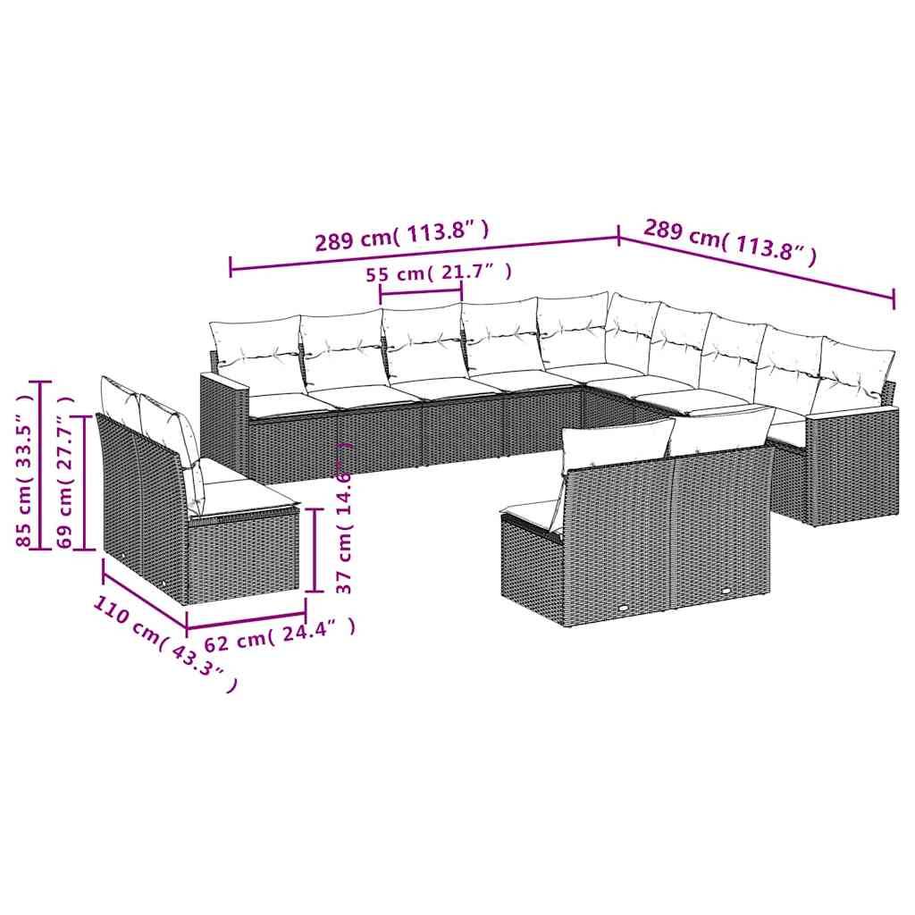 vidaXL 13-teiliges Gartensofa-Set mit Kissen, schwarzes Polyrattan